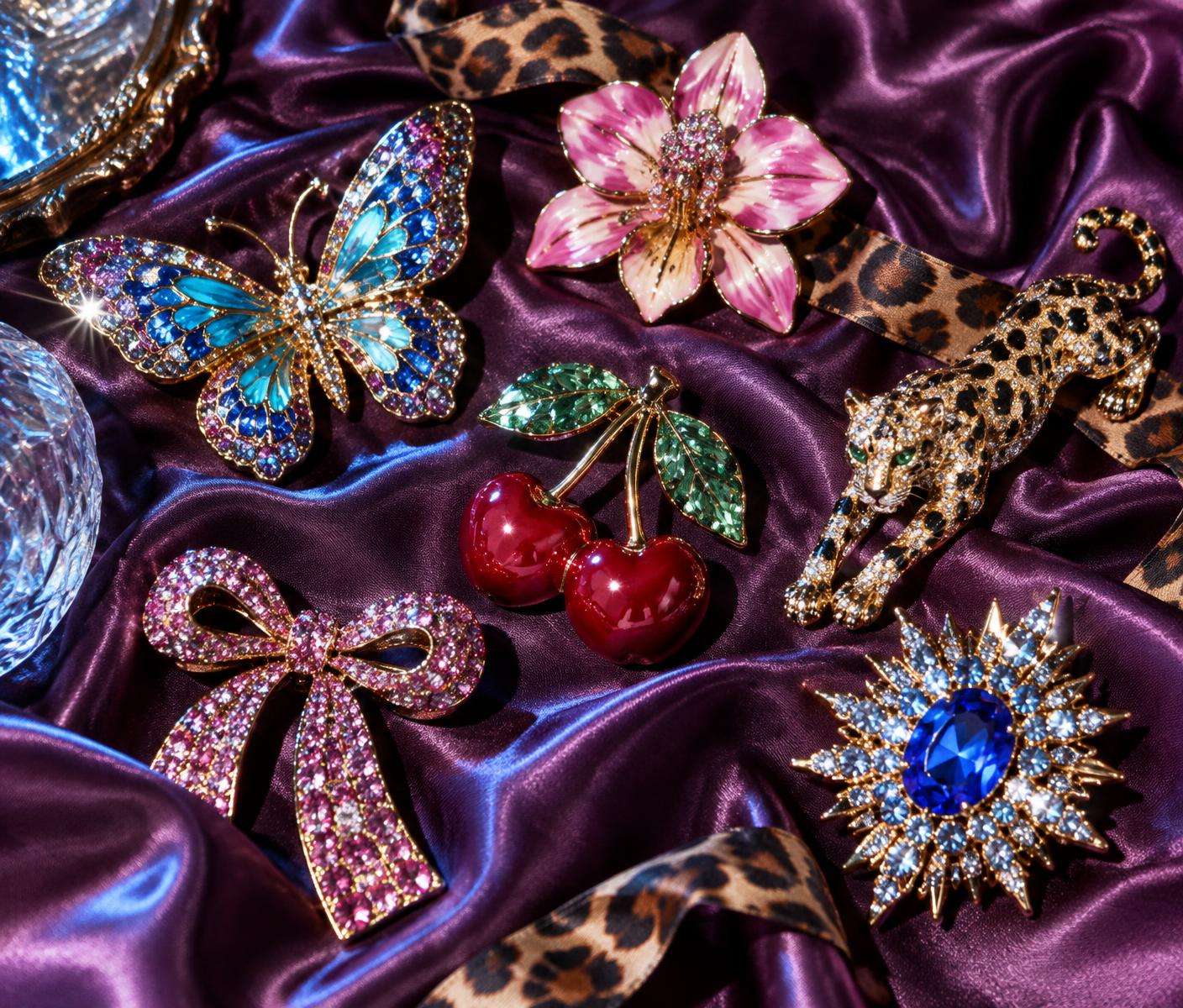 Jeweled brooches on purple satin
